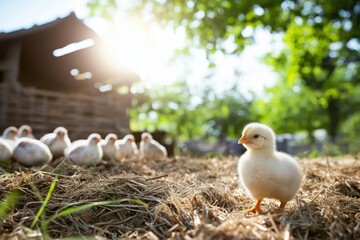 Charming little yellow chick exploring dry grass on a sunny farm in springtime