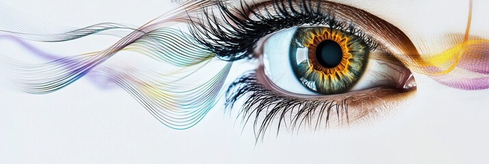 Poster - Close up of a vibrant human eye showcasing intricate details and colorful patterns. Generative AI
