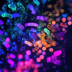 Leinwandbilder - Exploration of antibiotics and bacteria under a microscope with vibrant colors and detailed structures. Generative AI