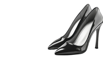 black leather high heeled women shoes on transparent background