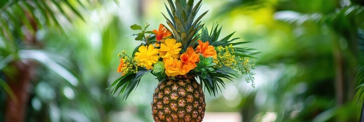Poster - Colorful tropical centerpiece featuring a pineapple adorned with vibrant flowers set in a lush garden. Generative AI