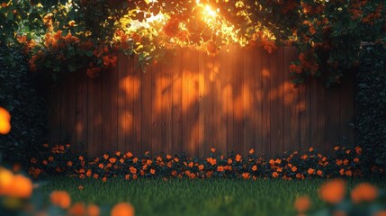 Canvas Print - Warm Sunset Illuminates a Rustic Wooden Fence Adorned with Vibrant Orange Flowers and Lush Green Grass