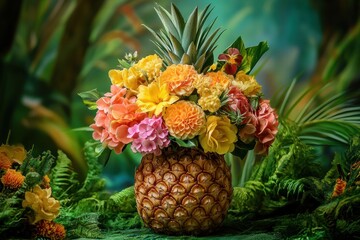Poster - Colorful floral arrangement in a pineapple vase surrounded by lush greenery in a vibrant environment. Generative AI