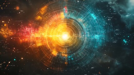 Abstract digital network technology background with glowing circular lines and nodes.