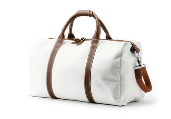 White travel duffle bag with brown leather straps 