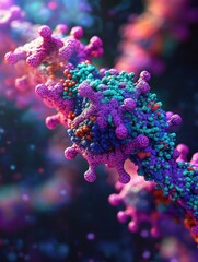 Poster - Close up view of molecular RNA chain surrounded by colorful viruses showcasing intricate biological interactions. Generative AI