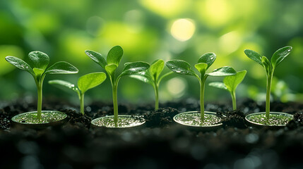 Canvas Print - Vibrant Green Seedlings Emerging from the Soil in the Morning Sunlight