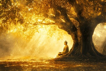 Wall Mural - a conceptual buddha sitting under the bodhi tree, serene and illuminated by golden light, a spiritua