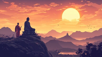 Wall Mural - a conceptual vector of buddha and a monk, highlighting their spiritual bond and serene energy, set a