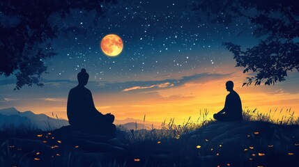 Wall Mural - a conceptual vector of buddha and a monk, highlighting their spiritual bond and serene energy, set a