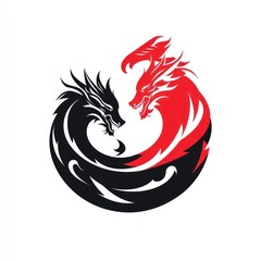 Poster - Red and black dragons circle; mythical creatures; yin yang; design element; graphic art