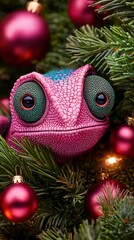 Wall Mural - Beautiful portrait of a chameleon hiding in spruce branches, portrait in a Christmas tree