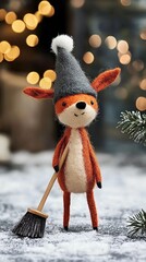 Wall Mural - Cute toy fox with a broom cleans the yard in winter