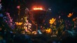 © Lush Diaries - Enchanted trophy ablaze in a mystical garden.  Dark, moody scene with vibrant flowers.