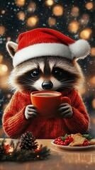 Wall Mural - Cute raccoon drinks a hot tasty New Year's drink during winter holidays