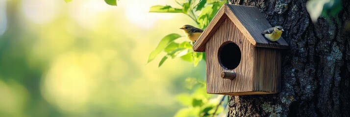 Aufkleber - Wooden birdhouse on a tree with small birds perched nearby during a sunny day in a vibrant forest. Generative AI