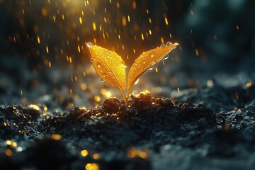 Wall Mural - dramatic macro shot of a delicate seedling breaking through rich dark earth, with morning dew drops 