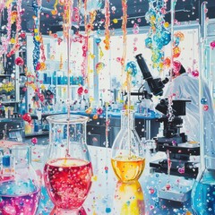 Aufkleber - Laboratory environments featuring microscopes and colorful test tubes during scientific experiments. Generative AI