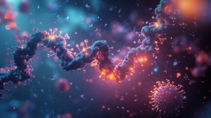 Aufkleber - Close up of molecular RNA structure surrounded by various viruses under a vibrant microscopic view. Generative AI