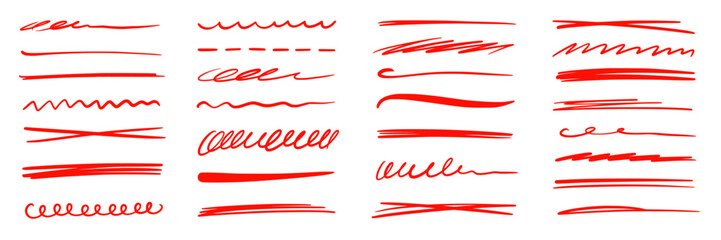 Poster - Red marker underline brush stroke set. Marker red pen highlights squiggle stroke. Vector swoosh brush handwritten underline set for accent, pencil emphasis element. Vector illustration