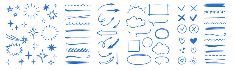 Aufkleber - Line arrow hand drawn shape brush underline stroke element vector set. Hand drawn doodle sketch arrow, circle, star brush stroke scribble underline icon. Marker doodle heart vector illustration.