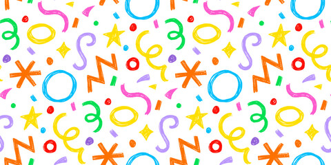 Aufkleber - Kid seamless pattern child fun shape squiggle confetti background. Hand drawn color crayon background fun child squiggle shape. Crayon color confetti abstract seamless pattern vector illustration