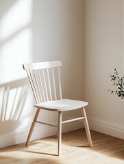 Wall Mural - minimalist white wooden chair in sunlit corner, enhancing serene atmosphere of room. soft shadows create calming effect, perfect for relaxation