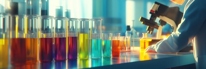 Leinwandbilder - Laboratory setting with colorful test tubes and microscope during a research session. Generative AI