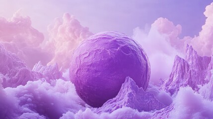 Wall Mural - Purple Orb Rests Among Pastel Clouds and Mountains