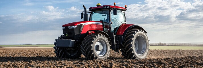 Aufkleber - Red tractor working on a plowed field under a cloudy sky in the countryside. Generative AI