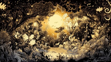 Wall Mural - Golden Enchanting Forest Moonlit Night Scene