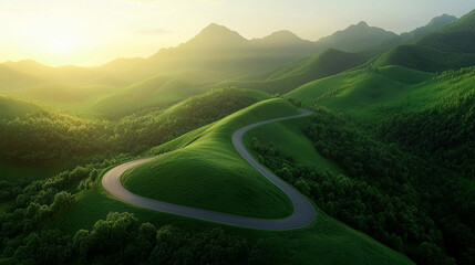 Wall Mural - Serene winding road through lush green hills at sunset