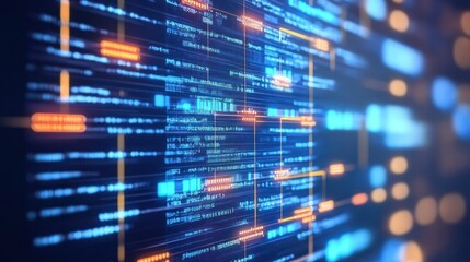 Abstract Digital Data Stream: A mesmerizing visualization of digital information flow, showcasing glowing lines of code and dynamic data patterns in vibrant blue and orange hues.