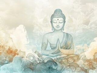 Wall Mural - a spiritual art piece combining yoga and buddha, focusing on harmony and inner peace with soft gradi