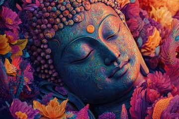Wall Mural - an artistic avatar of siddhartha buddha, vibrant colors and intricate details capturing his enlighte