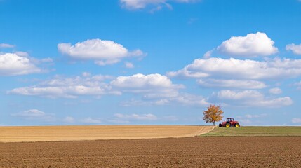 Aufkleber - Red tractor working on a plowed field under a blue sky with clouds during a sunny day in a rural area. Generative AI