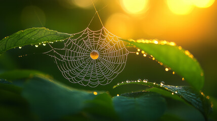 Morning Dew on Spider Web Amidst Forest Foliage