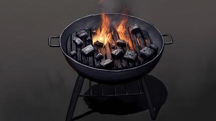 A metal barbecue grill with dark grey ash residue and a few chunks of charcoal, soot, grilling. Sunpetal. Illustration