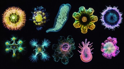 Fototapete - Evolving bacteria displayed in a vibrant sequence showcasing diverse forms and structures under microscopic view. Generative AI