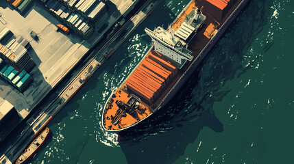 Wall Mural - Aerial view of a cargo ship loading coal at a port, showcasing industrial activity. Sunpetal. Illustration