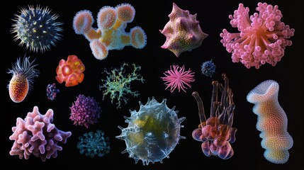 Fototapete - Sequence of evolving bacteria showcasing diversity in size, shape, and color under a dark background. Generative AI