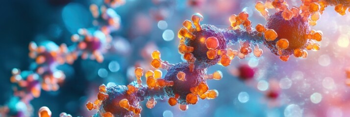 Poster - Close up view of molecular RNA chain surrounded by viruses in a colorful scientific illustration. Generative AI