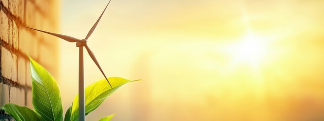 Wall Mural - Wind Turbine and Green Leaf Against Sunrise Background