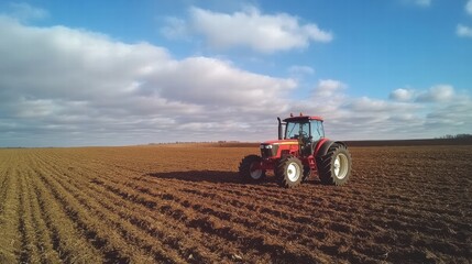 Aufkleber - Red tractor working on a plowed agricultural field under a blue sky in rural landscape. Generative AI