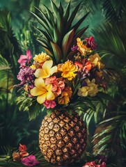 Poster - Vibrant pineapple centerpiece adorned with tropical flowers surrounded by lush greenery in a natural setting. Generative AI