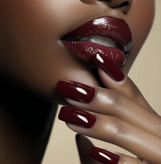 Wall Mural - close up of glossy burgundy lips, white teeth and dark skin, beauty photography