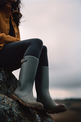 Wall Mural - woman wearing rubber boots, walking outdoors, cloudy sky on background