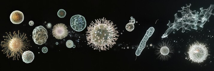 Aufkleber - Evolving sequence of bacteria showcasing diversity and transformation in microscopic life forms. Generative AI