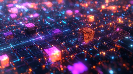 Abstract Digital Network: Illuminated Cubes and Glowing Lines