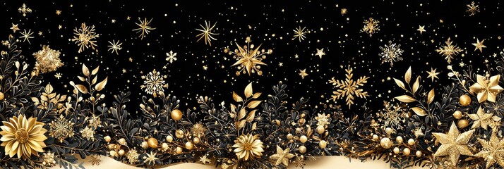 Wall Mural - Elegant Gold and Black Festive Winter Floral Design